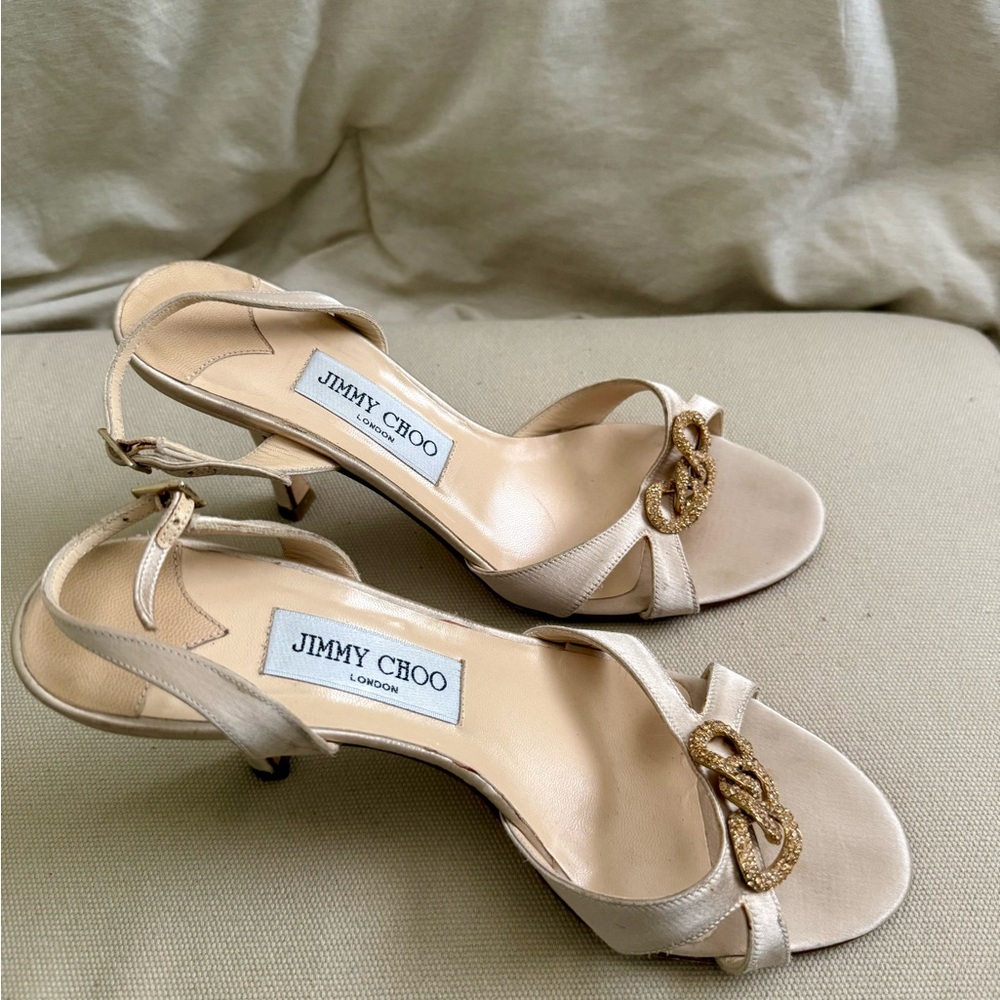Jimmy Choo Beige and Gold Heeled Sandals. Size 38.5/8.5